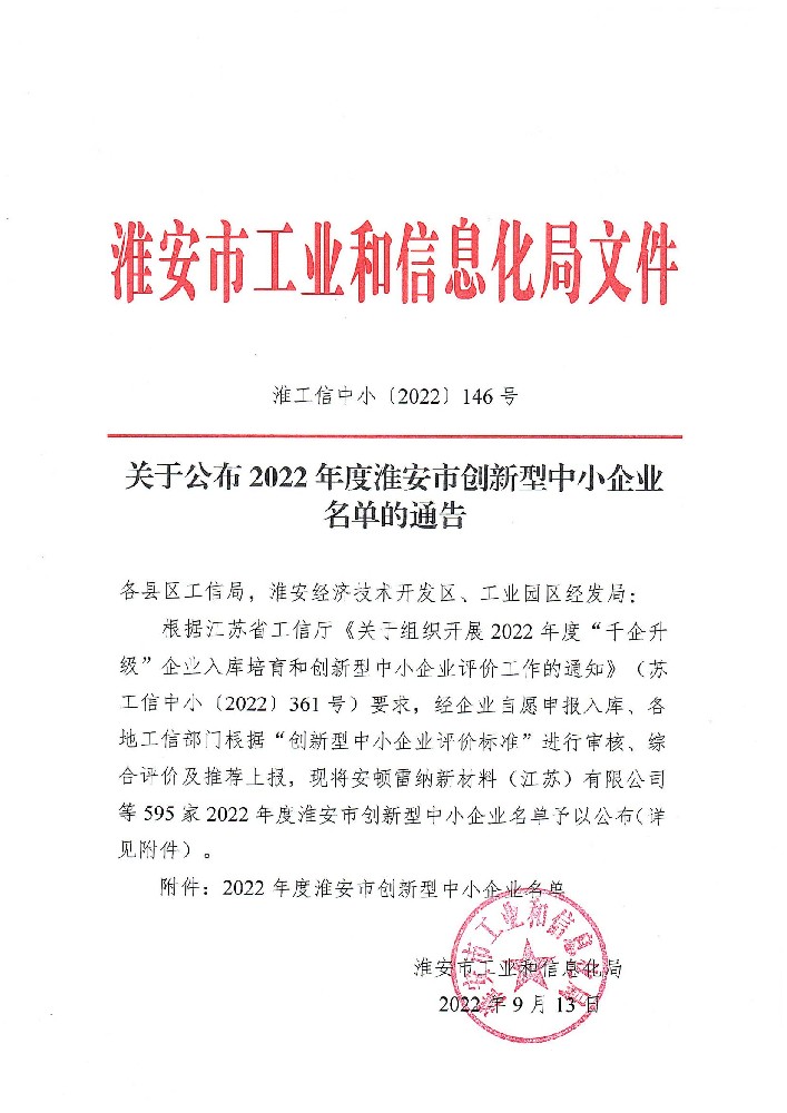 热烈祝贺我公司获得“2022年度淮安市创新型中小企业”荣誉称号